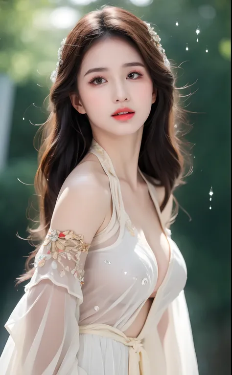 ((Best Quality, 8k, Masterpiece: 1.3)), Focus: 1.2, Perfect Body Beauty: 1.4, Buttocks: 1.2, ((Layered Haircut)), (Wet Clothes: 1.1), (Rain, Street:1.3), (Breasts: 1.2), (Hanfu: 1.2), Bare Shoulders, Bare Legs, Highly Detailed Face and Skin Texture, Fine E...