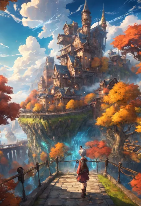 steampunk city, masterpiece, best quality, high quality, extremely detailed CG unity 8k wallpaper, medieval castles kingdom. scenery, autumn, outdoors, rainbow, sky, cloud, day, landscape, Meadow, tree, blue sky, waterfall, nature, lake, one river, cloudy ...