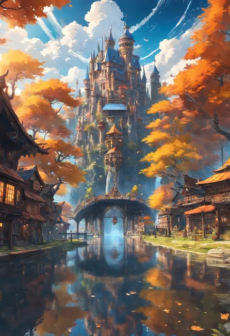 steampunk city, masterpiece, best quality, high quality, extremely detailed CG unity 8k wallpaper, medieval castles kingdom. scenery, autumn, outdoors, rainbow, sky, cloud, day, landscape, Meadow, tree, blue sky, waterfall, nature, lake, one river, cloudy ...