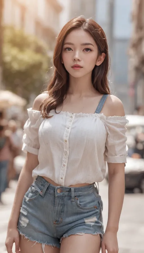 (cinematic angle: 1.2), street view,(1 girl, sunglasses, summer dress),(best quality, detailed details, masterpiece, official art, movie lighting effects, 4K), white t-shirt, blue ripped jeans shorts, Gen Z photo pose