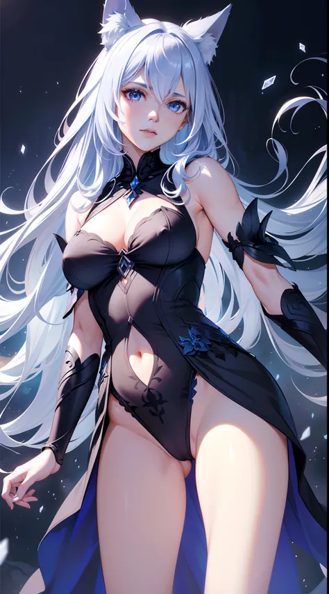 (RAW photo:1.2), (Photorealistic:1.4), full bodyesbian，tmasterpiece，Best quality at best，offcial art，Very detailed CG 8k wallpaper，(flying petal)(detailed ice)  （ice magic），The crystal texture of the skin，Grim expression，(fox ear)，whaite hair，long whitr ha...