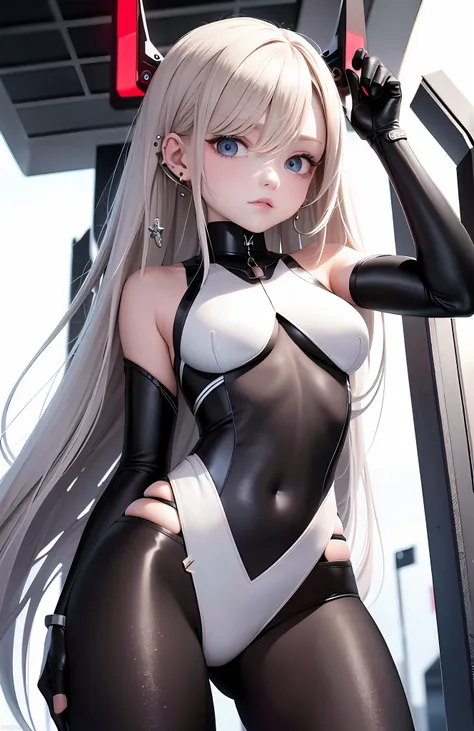 optimum，tmasterpiece，A high resolution，best qualtiy，hyper HD，super detailing，Award-Awarded，16k，独奏，（The upper part of the body），anatomy correct，Beautiful cyberpunk girl，cute  face，，Gradient Beige Hair，Hairline，（（Scarlet eyes）），long eyelasher，Hanging eye cor...