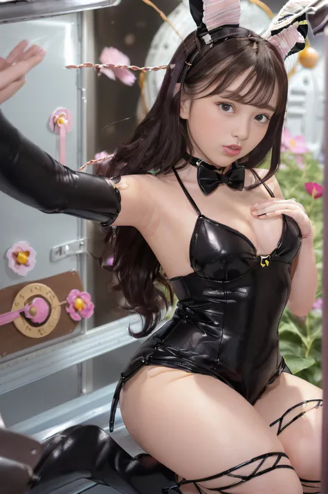 (((crouching down)))、((((Open the crotch))))、((Black theme))、(((Black Bunny Girl Hair Band with Long Ears))、(((Twin-tailed)))、(((Hair that flutters in the wind)))、Photorealsitic、超A high resolution、Convoluted、ultra-detailliert、(dent in the skin)、Cute、Femini...