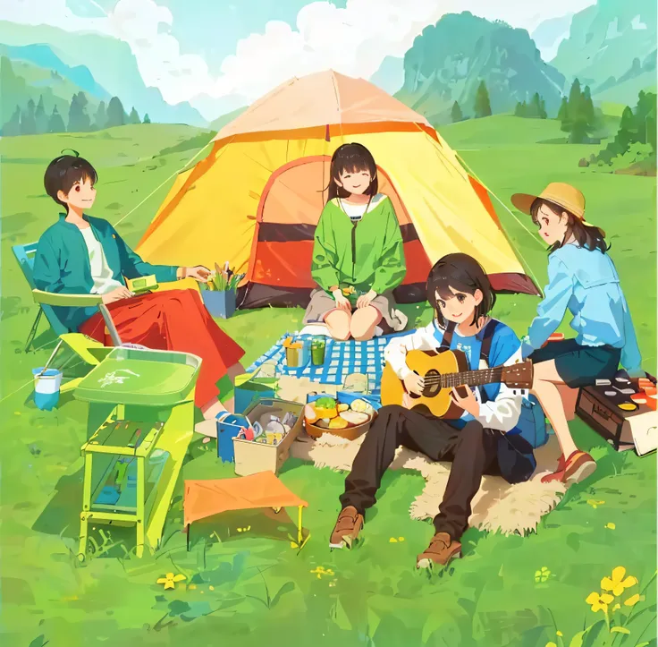 A group of people sat around a table，Holding guitar and tent, camping, people on a picnic, Party activities, outdoor picnic, warm and joyful atmosphere, Flat illustration, Cartoon illustration, delicacies, illustratio, Cheerful ambiance, Sunny environment,...