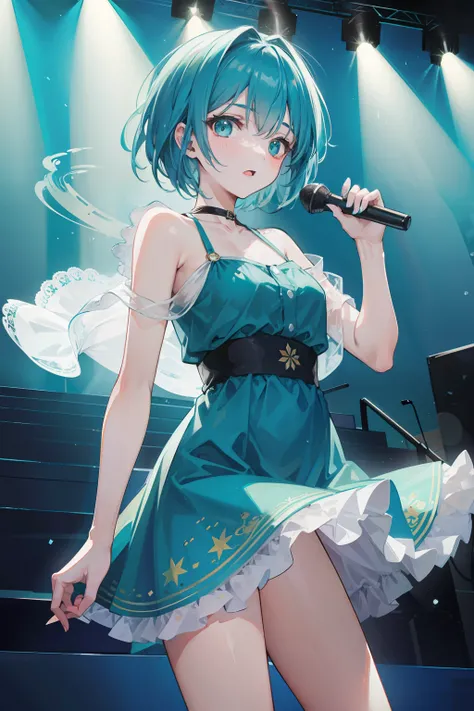 8k, 4k , art of teal color short hair girl singing on a stage