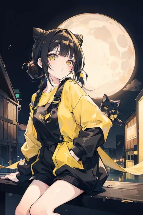 masterpiece, best quality, 1girl, solo, black hair, blunt bangs, (braided buns), ((short twintails)), yellow eyes, black overalls, sneakers, sitting on the wooden box, with ones hand in ones pocket, blowing bubble gum, expressionless, slightly offended, in...