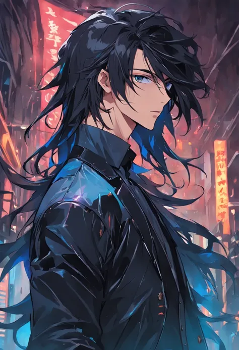 1guy, Gorgeous Dapper Devil Man with Perfect Balance of Male and Female Traits, stunning long black hair, Black leather jacket, Leather pants black and blue tetradic color, Perfect Anatomy, Seductive eyes, 8K resolution, (Single person), masutepiece, Perfe...