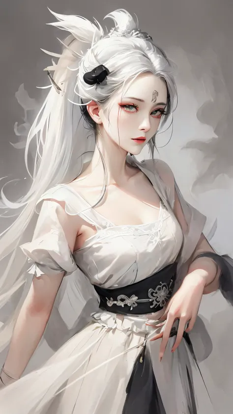 close-up of a woman with white hair and white mask，Belle peinture de personnage，Black and white ink style，The face is detailed and colorful，aquarelle，Pale，Martial arts style，National style，A delicate and beautiful face，Waist seal，Sharp eyes，Weapon: Sword，H...