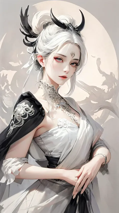 close-up of a woman with white hair and white mask，Belle peinture de personnage，Costume black and white ink style，The face is detailed and colorful，aquarelle，Pale，Martial arts style，National style，A delicate and beautiful face，Waist seal，Sharp eyes，long sw...