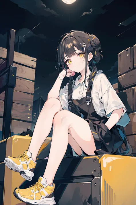 masterpiece, best quality, 1girl, solo, black hair, blunt bangs, (braided buns), ((short twintails)), yellow eyes, black overalls, sneakers, sitting on the wooden box, with ones hand in ones pocket, blowing bubble gum, expressionless, slightly offended, in...