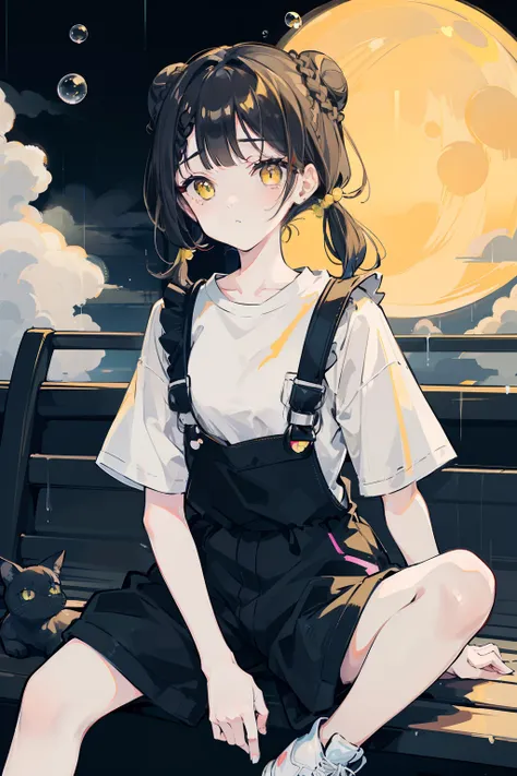 masterpiece, best quality, 1girl, solo, black hair, blunt bangs, (braided buns), ((short twintails)), yellow eyes, black overalls, sneakers, sitting on the wooden box, with ones hand in ones pocket, ((blowing bubble gum)), expressionless, slightly offended...