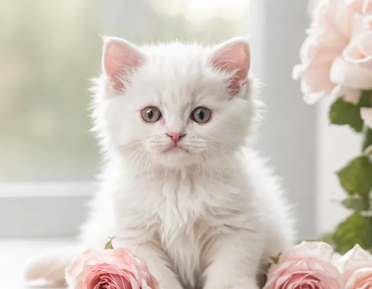 Masterpiece, fluffy white kitten sitting next to roses, hyper detailed, high-res photograph, opulent, bokeh, light bloom