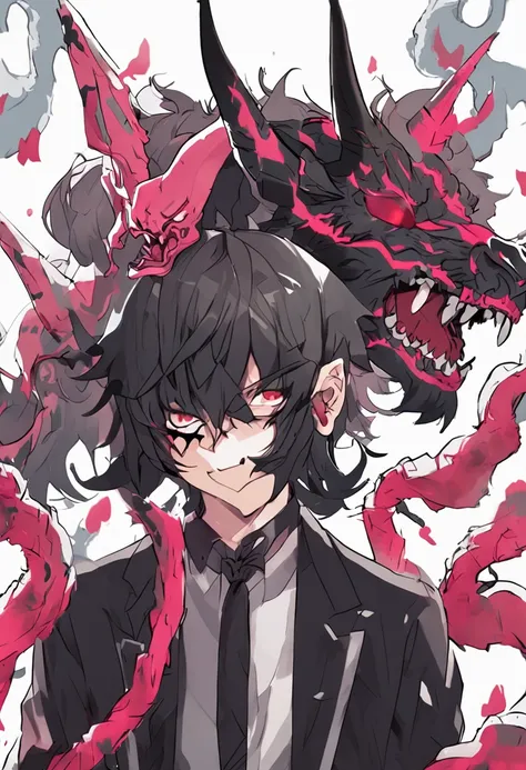 A boy, 20 years old, Dark clothing, Party mask in hand, Gradient hair, ahoge, Asymmetrical hair, bangs, Black hair, hair behind ear, hair between eye, side locks, hair splayed out, Hairline, Antenna hair, devil horns, Forehead protector, mask removed, Grad...