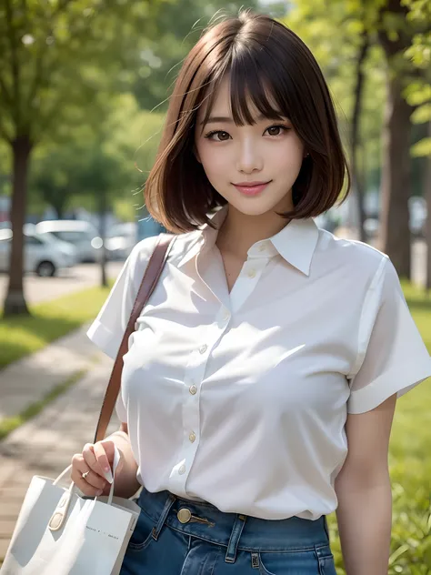 product quality, a cowboy shot, front view, 1girl, a Japanese young pretty woman, wearing a marriage ring, long bob hair, hyper pretty face, glamorous, wearing a short sleeves and long length satin silk white shirt with collared, wearing denim pants, carry...