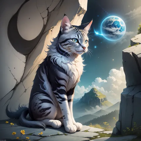 charecter name luna is the cat "Luna is a cute and fluffy cat with fur that glistens with stardust, giving her an ethereal appearance. Her eyes are a bright, inquisitive shade of blue, reflecting her curious nature" second charecter name :Gravitus the Wise...