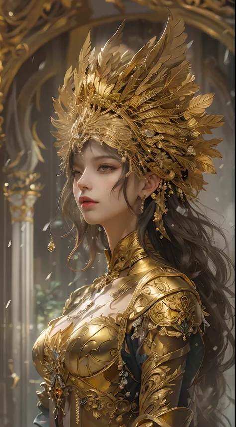 woman in gold dress, real art station, heavy rain scene, detailed fantasy art, stunning character art, beautiful exquisite chara...