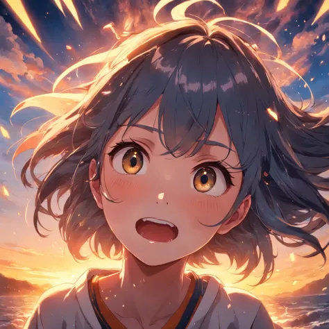 (obras de arte, melhor qualidade, cinematographic scene, 1girl, garota em uma nuvem, floating into the sky, close-up, brilho intenso, expression happy, Soft lighting and Warm, sun sunset, Sparks: 0,7)