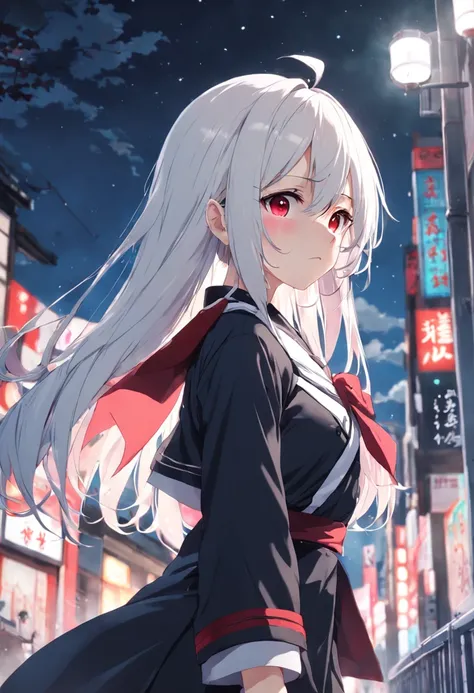 LoveLive style, solo, young girl, Long pure white hair, green eyes, black and red Japanese school uniform, JK, student, face focus,front, model shoot style,looking at the viewer