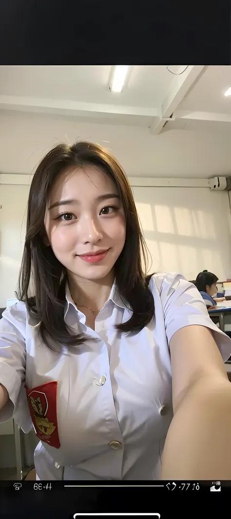 arafed woman taking a selfie with a cell phone in a classroom, 8k selfie photograph, anime thai girl, 🤤 girl portrait, wearing school uniform, selfie of a young woman, young cute wan asian face, wearing headmistress uniform, selfie shot straight on angle, ...