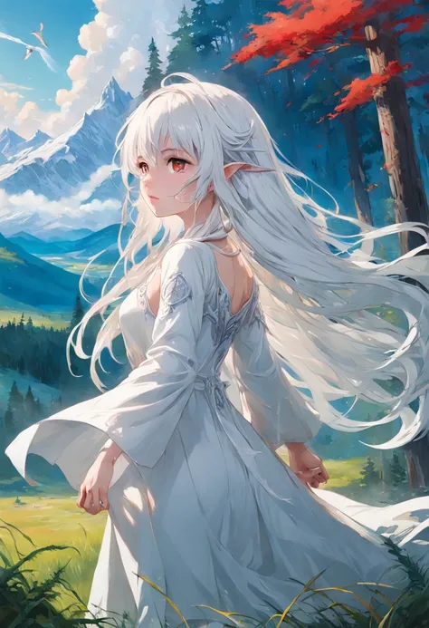 (highly detailed), ((masterpiece)),(Impasto), intricate, church painting,(((1 girl))) , painting frame, fantasy ,delicate grassland,sorceress,shepherd long white hair,red dragon eye,white dress ,(pretty face),beautiful detailed face,extremely delicate and ...