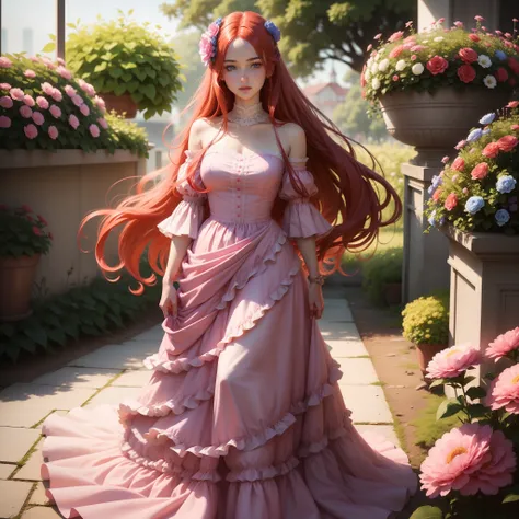 1girl beautiful, long red hairs, blue eyes, pink dress, full body, realistic, flowers,