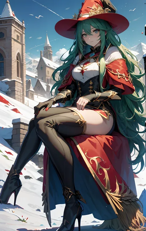 best qualityer，tmasterpiece，Ultimate resolution，downy，Extremely colorful，Colorful，Alpine background，Sky flight，（Red magic robe long dress），Long flowing green hair，The Witch，a matural female，red high heel pumps，Sit on a magical broom，flight，Normal posture