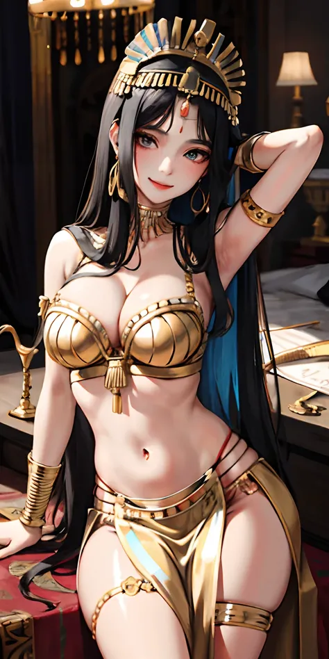 realisticlying、Ancient Egypt、Girls in Cleopatra style、Clothing in the time of the pharaohs、Cleavage emphasis、Breasts enlarged、Smile、Face Real、A sexy