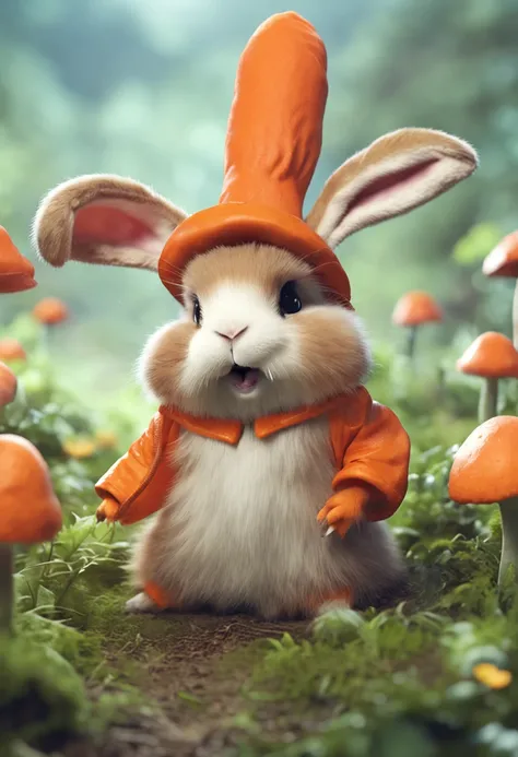 cute creature that resembles a bunny mixed with a carrot, adorable, cute, furry, fluffy, forest, mushrooms, wearing a mushroom hat