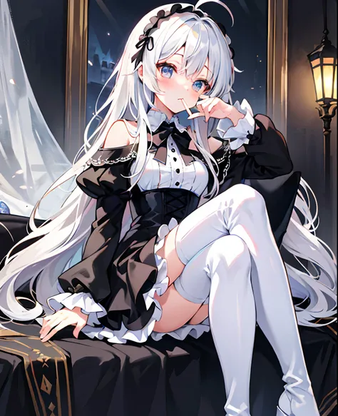 tmasterpiece， Best quality at best， ahoge， Hair over the shoulder， long  white hair，  blush of nose，  Gothic_Lolita，  hand_To_Mouth，thigh boots，Absolute realm，upper legs，thigh boots，full bodyesbian，Correct legs