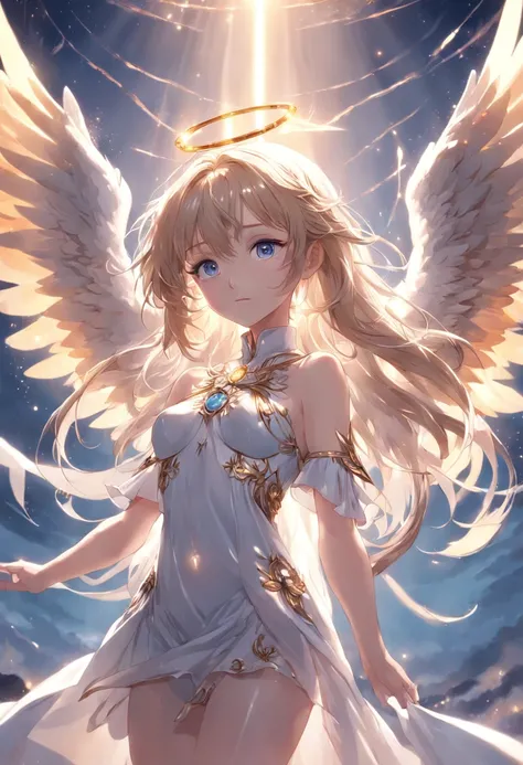 (((masterpiece))), (((best quality))), ((ultra-detailed)), (illustration), (detailed light), ((an extremely delicate and beautiful)), (beautiful detailed eyes), (sunlight), (angel), solo, young girls, dynamic angle, floating, bare_shoulders, looking_at_vie...