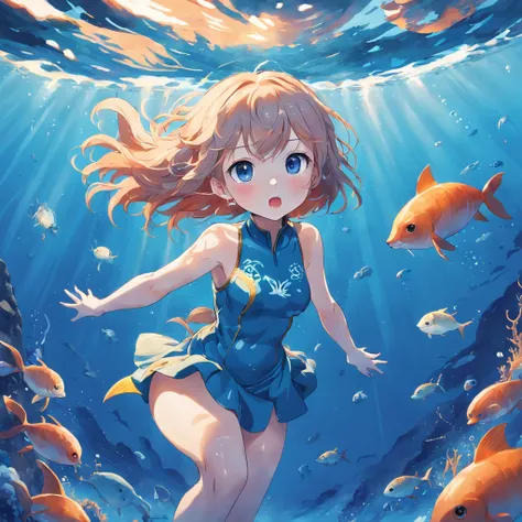 an ocean with sunlight shining from above to the bottom of the sea and three cute sea creatures swimming around rather than swimming in the center of the picture. Use the background and the main color is blue, even other marine species are not allowed to u...