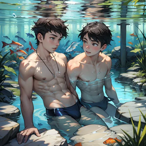 Two boys swimming together，Spring water，Raised sexy，Small fish