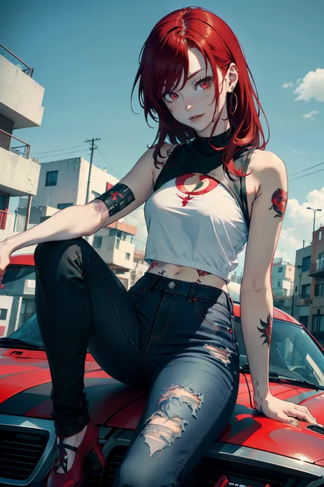 Girl, red hair, Tattoed arm, black tattoo, red eyes, pale skin, red top, jeans, happy expression, sexy face, sitting on top of purple car, yellow filter, Mexico City, blue sky, 4k