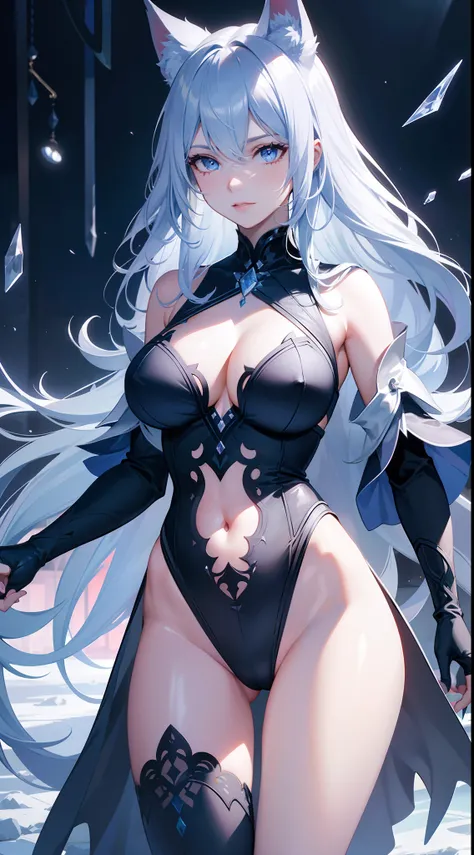 (RAW photo:1.2), ,full bodyesbian，tmasterpiece，Best quality at best，offcial art，Very detailed CG 8k wallpaper，(flying petal)(detailed ice)  （Ice magic），The crystal texture of the skin，Grim expression，(fox ear)，whaite hair，long whitr hair，messy  hair，eBlue ...