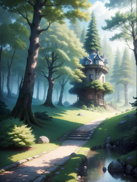 Realistic and beautiful forest landscape painting、Atmosphere like Studio Ghibli and Hayao Miyazaki works、Generate images that will enchant you with a castle with blue sky and white clouds。