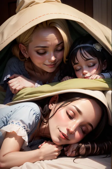 A beautiful woman is sleeping with a little girl next to her, and there is an old woman looking at them while smiling