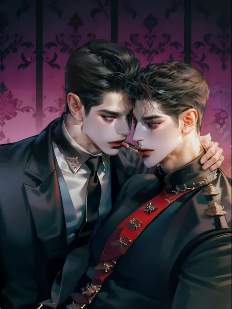 Mafia Noir Casino Gambling Bar Vampire dominant alpha gay couple macho sexy handsome demon adult men with tattoos big chest big abs slicked back hairstyle smoking red eyes charisma goth ((perfect face structure)) detailed stylized ((handsome male couple)) ...