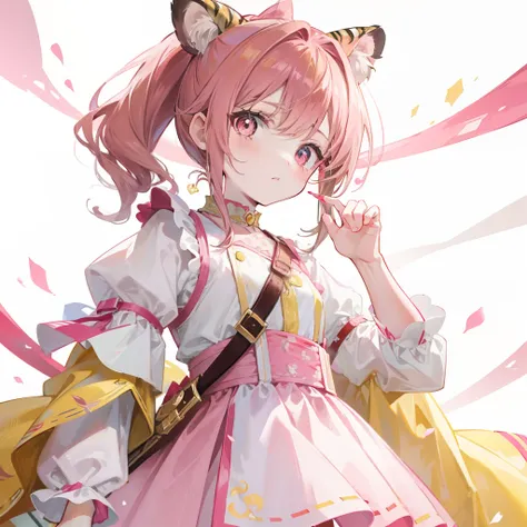 Pink-brown hair，Yellow and pink with childrens princess clothes，Sling white silk，red pupils，Tiger Tooth，Double ponytail bow，