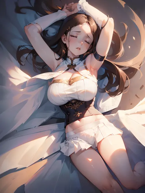 ((a girl laying on a ground)), ((brown hair)), ((long hair)), ((white skirt)),((pleated mini skirt)), ((flipping skirt)), ((showing white underwear:1.5)), ((blue corset)),((breastplate)), ((8K)), ((masterpiece)), ((wing)),((big breast)),((full body)),((sce...