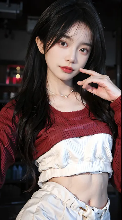 best qualtiy， 超高分辨率， （realisticlying：1.4），Baoyu Girl，lipsticks，1girll, ,Cropped red sweater，a sense of atmosphere，Beautiful woman with a slim figure:1.4, Pronounced abs，  浴室,Ultra-fine face，Leather clothes，Elaborate Eyes，二重まぶた，choker necklace