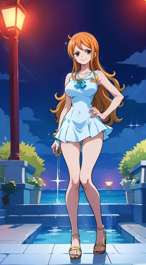 Create an anime-style image of Nami from One Piece wearing an elegant wet body fit cocktail dress. She stands confidently with one hand on her hip, showcasing the dresss details., a flared skirt that falls just above the knees, and subtle sparkling embelli...