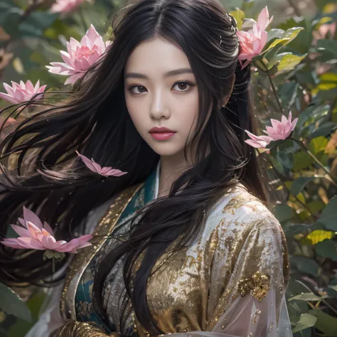 32K（tmasterpiece，k hd，hyper HD，32K）Long flowing black hair，ponds，zydink， a color，  Xuzhou people （seductiv）， （Flush female bloodshot scarf）， Combat posture， looking at the ground， long whitr hair， Floating hair， Carp pattern headdress， Chinese long-sleeved...