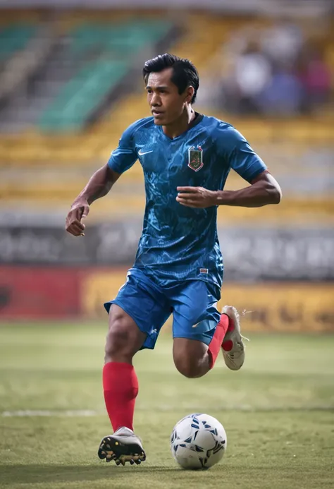 An indonesian footballer in a blue football shirt