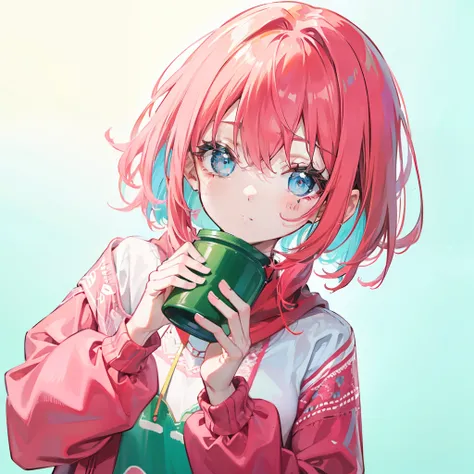 A reddish-pink hair，Green-blue mixed sweater color，Cute cute girl