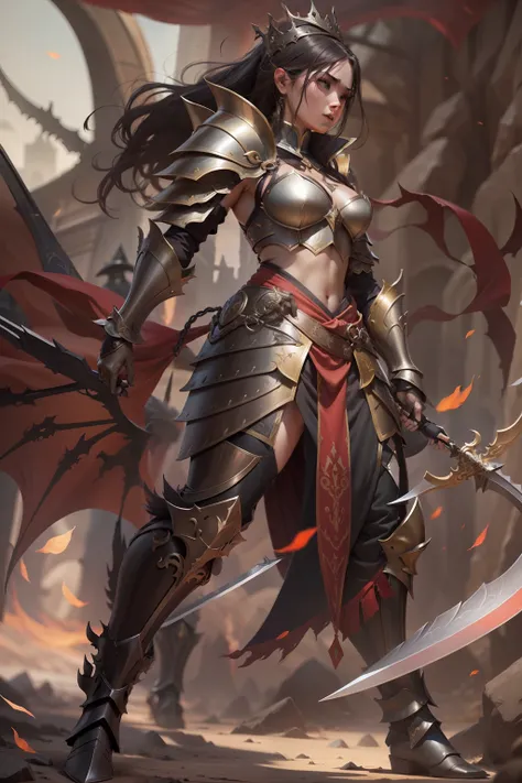 dragolich female character two swords fantasy full body armor fighter queen dragon tamer fantasy background action pose more serious armor royal face full body armor vakyrie