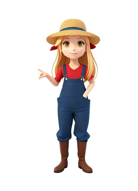 garota jovem, sorrindo, A closeup of a cartoon character wearing a straw hat, camiseta de flanela vermelha, blue denim overalls and brown leather boots, personagem estilizado, animation character, render 3D estilizado, Personagem 3D, Personagem altamente d...