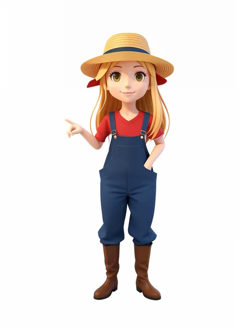 garota jovem, sorrindo, A closeup of a cartoon character wearing a straw hat, camiseta de flanela vermelha, blue denim overalls and brown leather boots, personagem estilizado, animation character, render 3D estilizado, Personagem 3D, Personagem altamente d...