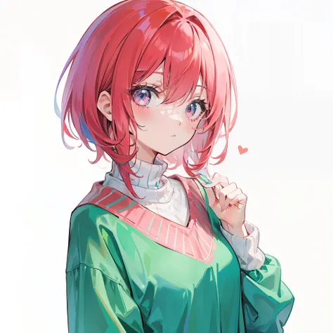 A reddish-pink hair，Green-blue mixed sweater color，Cute cute girl