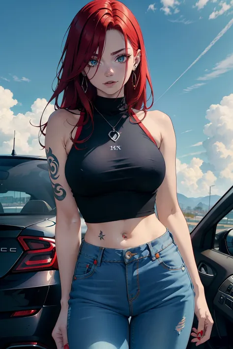 garota, red hair, Tattoed arm, tatuagem preta, olhos vermelhos, pale skin, Tampo vermelho, jeans, happy expression, Cara Sexy, sentado em cima do carro roxo, filtro amarelo, Mexico City, blue skies, 4k