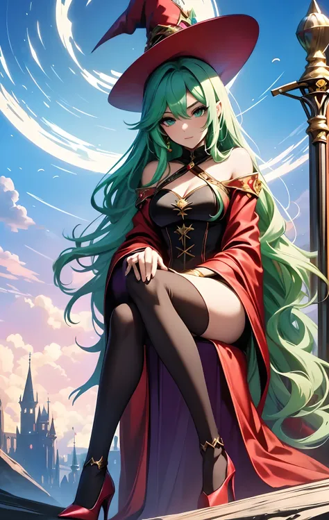 best qualityer，tmasterpiece，Ultimate resolution，downy，Extremely colorful，Colorful，Skysky，hilltop，Red magic robe long dress，Long flowing green hair，The Witch，a matural female，red high heel pumps，Sit on a magical broom，flight，Normal posture